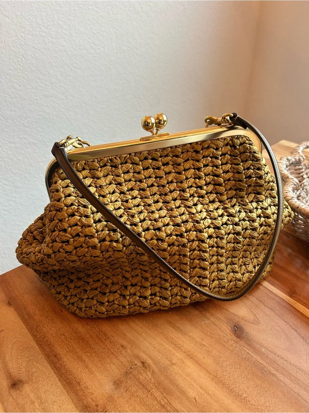 NWT Coach Kisslock Frame Bag 27 Brass Muted Olive Raffia - Picture 3 of 10